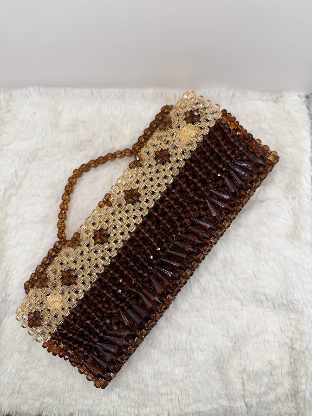 BELLE: Embellished beaded clutch in brown and champagne gold in Brown with Champagne Gold