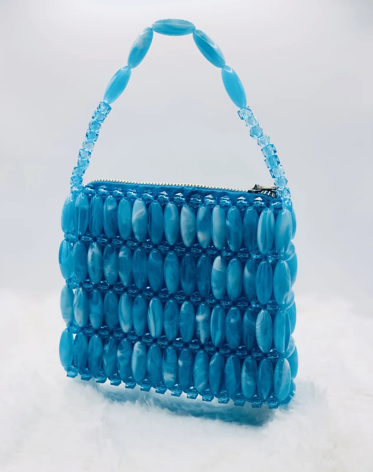 CANDY: Aquamarine beaded handbag, hand-strung to order in Lagos in Aquamarine
