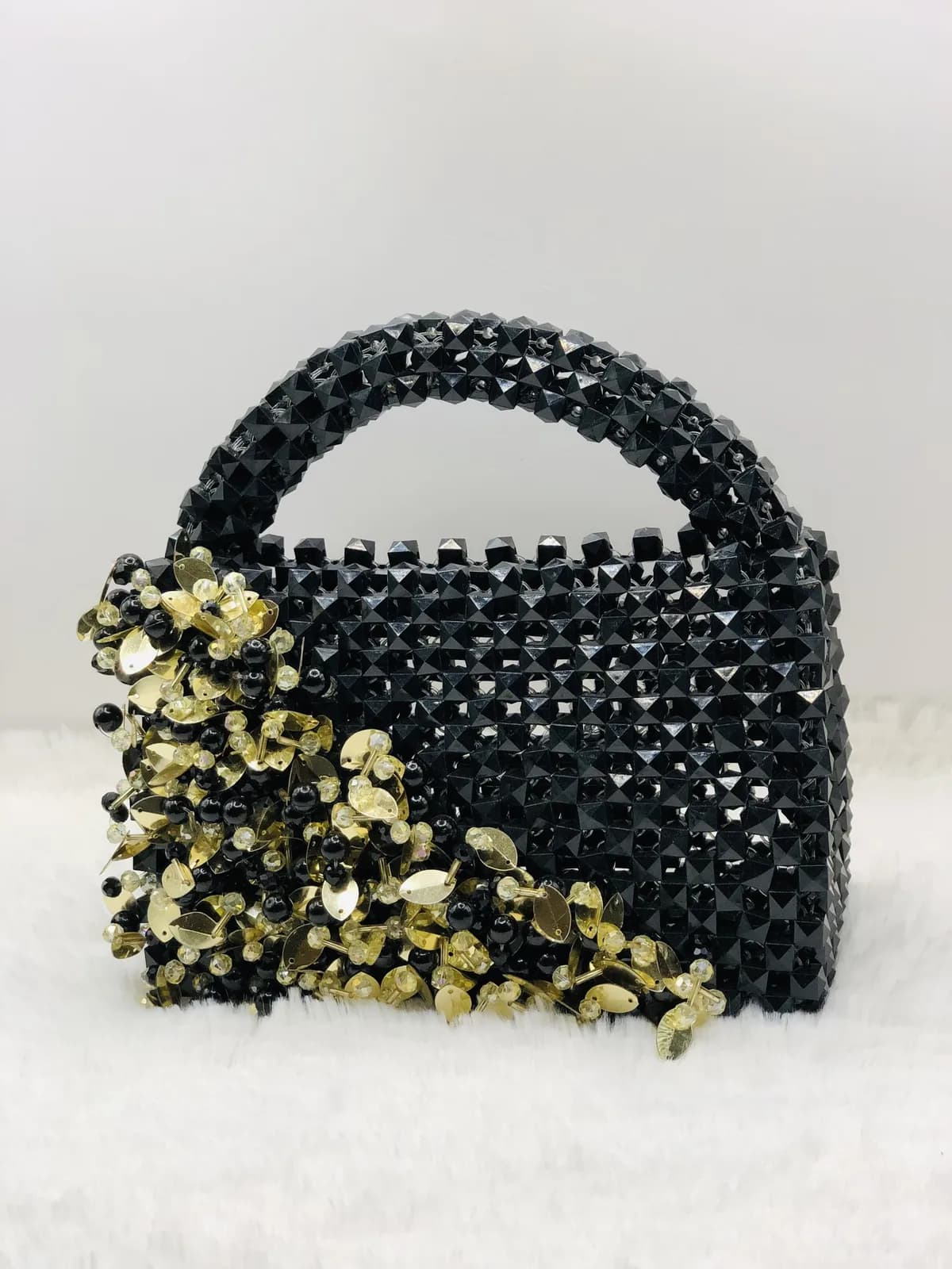 ÒGE: Jet tote under gold sequins, hand-strung in Onyx + Harmattan Gold